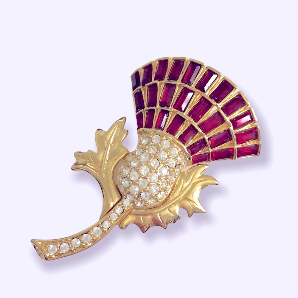Nolan Miller Flower Brooch Jewelry Glamour Collection Red Thistle Vintage CZs